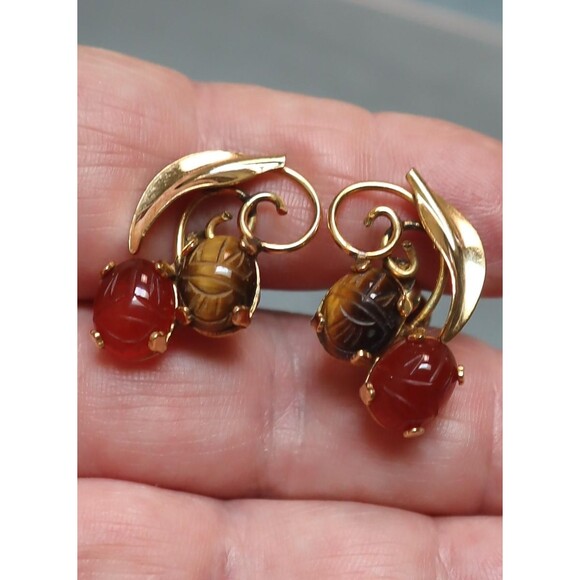 Vintage Scarab Earrings Burt Cassell Goldfill Gemstone - Picture 3 of 4